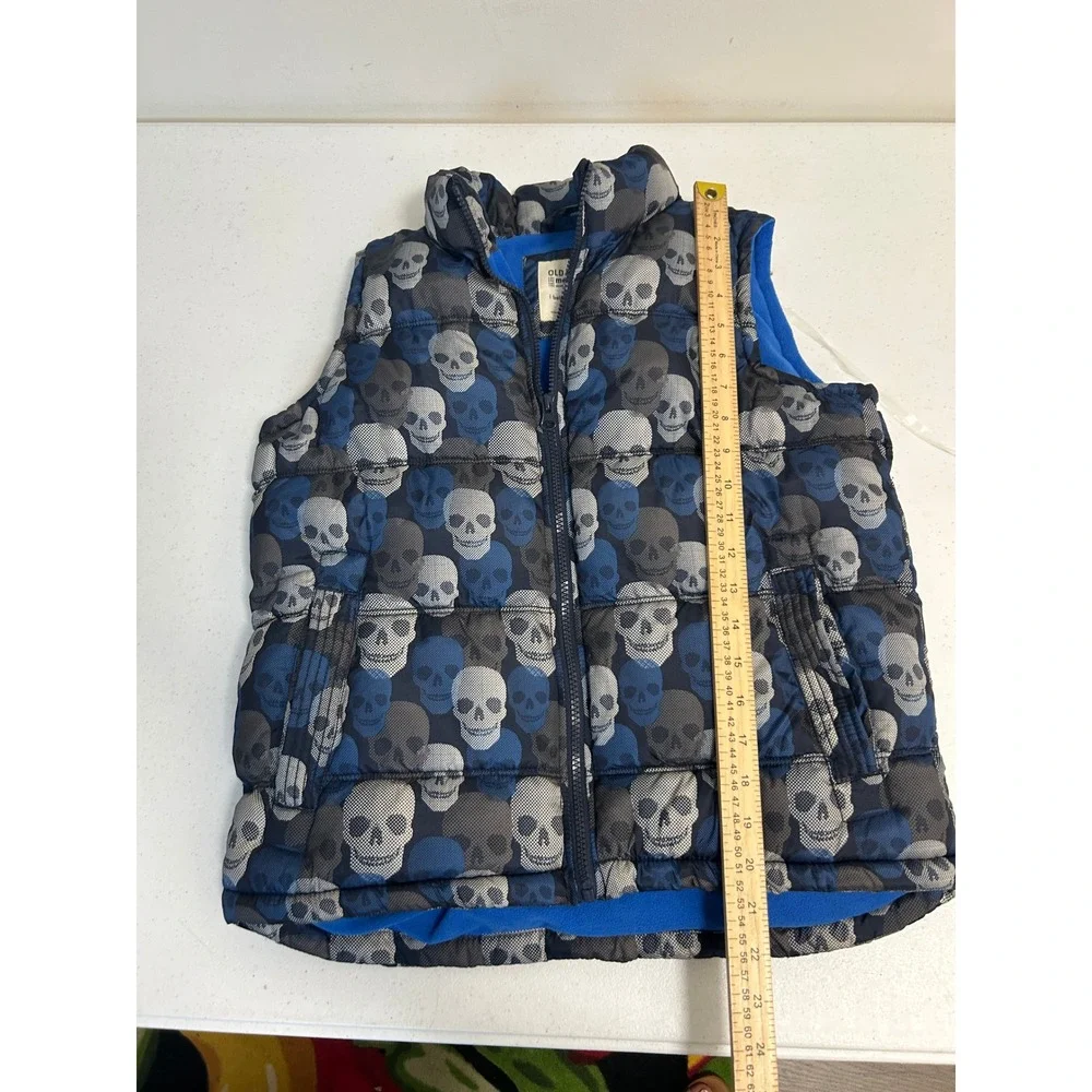 Old Navy Boys Medium 8 Skull Print Puffer Vest Blue Fleece Lined Zip Up‎ 3290